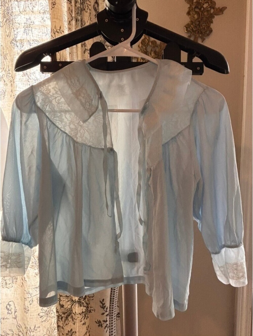 Vintage Sheer Blue Bed Jacket | Lace Collar Tie Front Lingerie Top